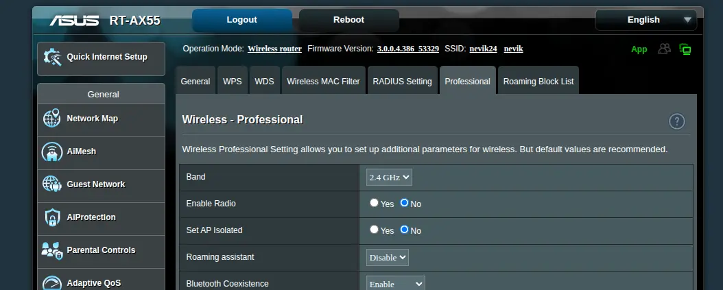 My RT-AX55 Wireless Professional settings: 2.4GHz radio disabled, Bluetooth Coexistence enabled